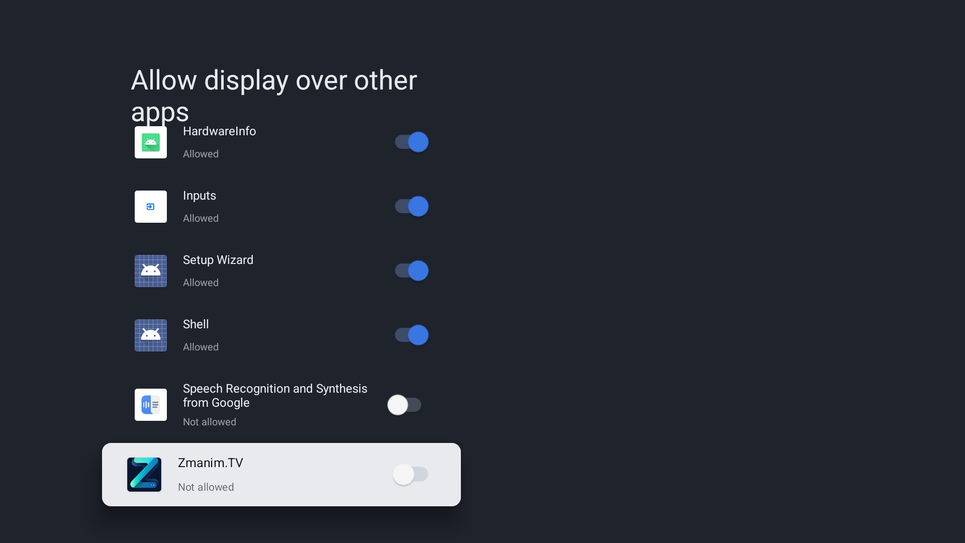 Android TV settings list showing Zmanim.TV in the Display over other apps list